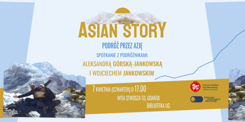 Baner z informacją o spotkaniu podróżniczym, zdjęcie roześmianej pary na tle gór