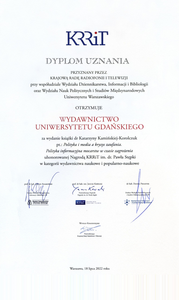 Dyplom uznania dla Wydawnictwa Uniwersytetu Gdańskiego