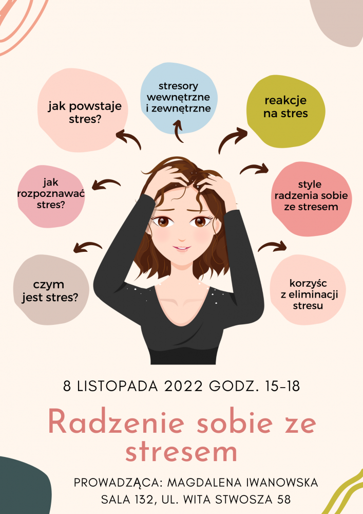 Plakat informujący o szkoleniu Radzenie sobie ze stresem - dziewczyna chwytająca się za głowę