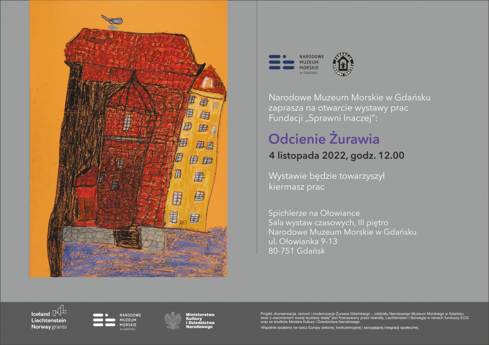 Plakat z rysunkiem gdańskiego żurawia i informacją o wernisażu