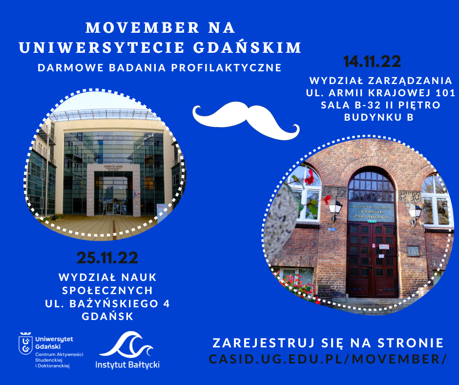 Movember grafika z informacjami o miejscach i terminach badań