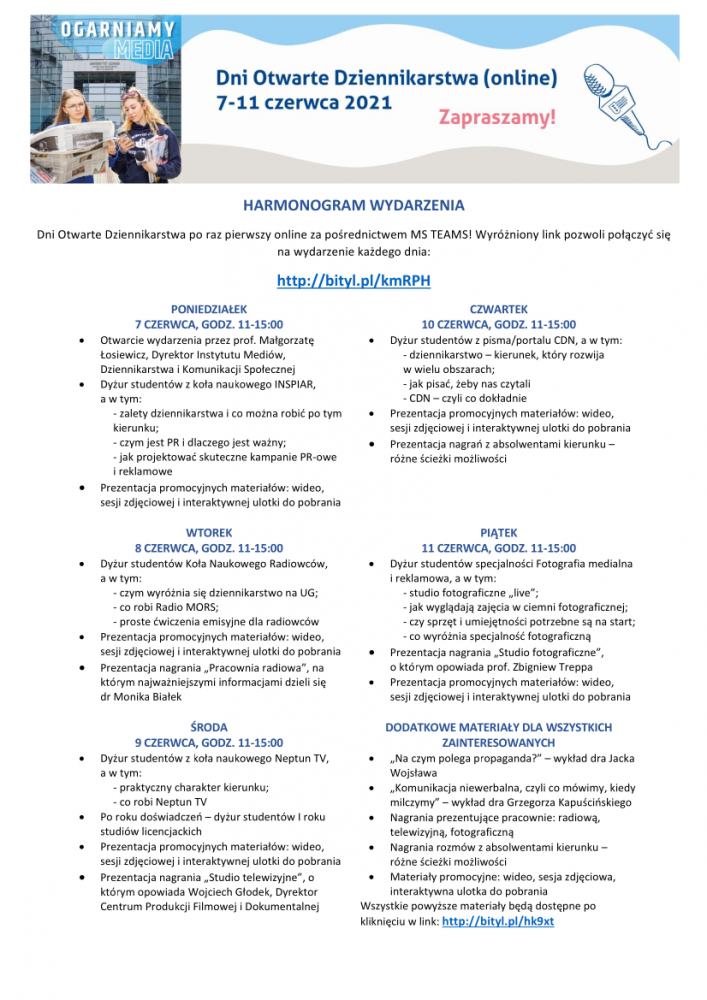 Harmonogram Dni Otwartych Dziennikarstwa 7-11 czerwca 2021 online