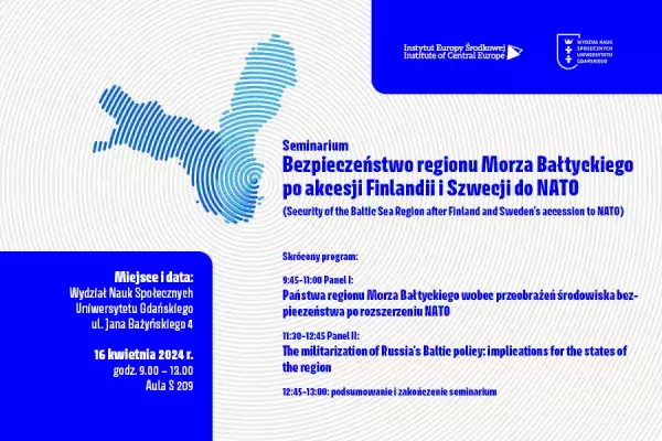 Grafika w miało-niebieskich kolorach z informacjami o seminarium oraz stylizowanymi kształtami Finlandii i Szwecji
