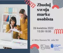 Zbuduj swoją markę osobistą - grafika ze zdjęciem dwóch kobiet przy biurku i informacją o terminie szkolenia
