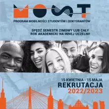 Plakat MOST z informacją o rekrutacji i zdjęciem uśmiechniętych studentów