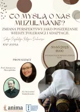 Plakat: spotkanie 30.03.2023 pt. Co myślą o nas muzułmanie? ze zdjęciami prowadzących