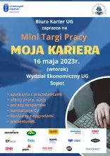 Plakat z informacja o Mini Targach Pracy 16 maja 2023
