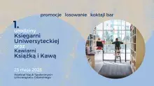 Urodzinyu Księgarni Uniwersyteckiej oraz Kawiarni Książką i Kawą - informacja o wydarzeniu 23 maja oraz zdjęcie wnętrza księgarni - grafika ilustrująca