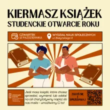 KIERMASZ KSIĄŻEK studenckie otwarcie roku - grafika kwadratowa z czytającymi studentami i informacją o wydarzeniu