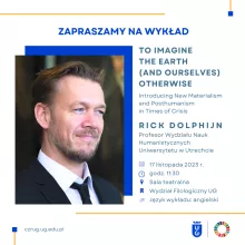 Grafika z informacjami o wykładzie prof. Ricka Dolphijna oraz zdjęciem wykładowcy