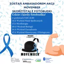 Grafika kwadratowa promująca akcję MOVEMBER z listą miejsc, gdzie będzie dostepna fotobudka