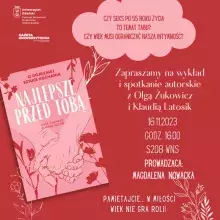 Grafika z informacjami o spotkaniu z autorkami książki "Najlepsze przed Tobą: O dojrzałej sztuce kochania" - Kingą Latosik i Olgą Żukowicz