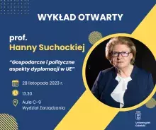 Grafika z informacją o wykładzie prof. Hanny Suchockiej wraz z jej zdjęciem oraz logo UG