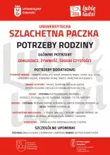 Plakat UNIWERSYTECKA SZLACHETNA PACZKA z listą potrzeb rodziny