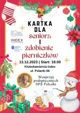 Plakat Kartka dla Seniora 2023 ze świątecznymi motywami i informacjami o wydarzeniu