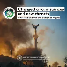 Zdjęcie kolumny na tle chmury zanieczyszczeń; logo i tytuł konferencji: Changed circumstances and new threats for sustainability in the Baltic Sea Region - 1