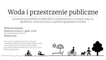 Woda i przestrzenie publiczne - czarno-biała grafika z informacją o wernisażu