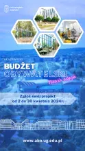 Pionowa Grafika na błękitnym tle z widokiem kampusu UG: Akademicki Budżet Obywatelski