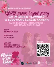Plakat promujący wydarzenie "„Kobiety, prawo i rynek pracy. Czy istnieje ‘równość’ w budowaniu ścieżek kariery?”