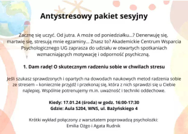 Antystresowy pakiet sesyjny - otwarte spotkania 17 i 18 stycznia