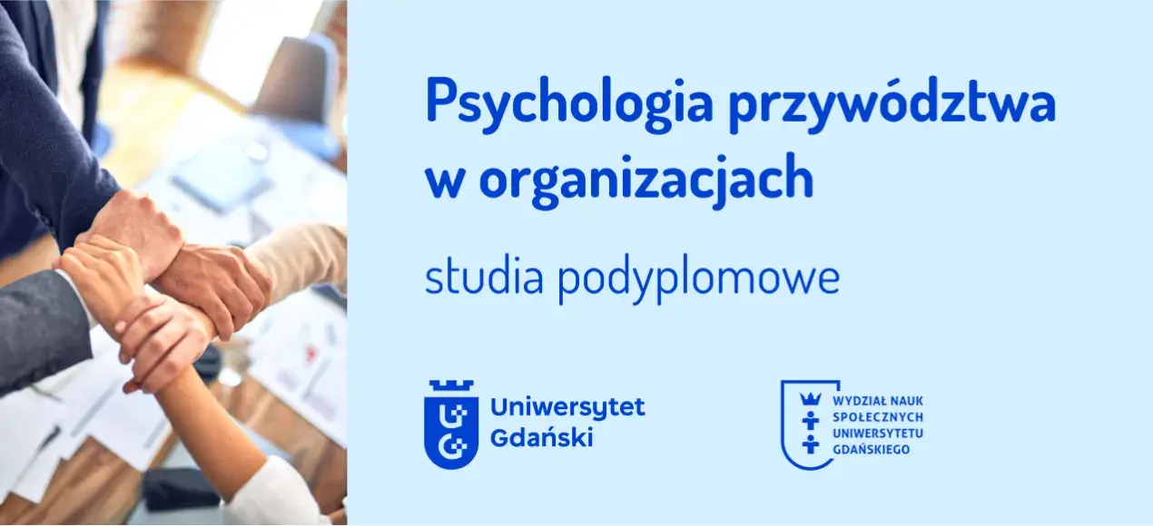 Niebieski banere promujący studia podyplomowe psychologia przywództwa w organizacjach