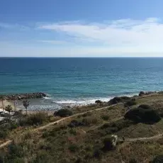 Pejzaż z trawiastym wybrzerzem, kamiennym falochronem i oceanem w tle